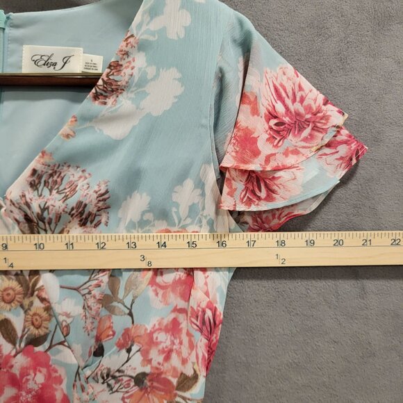 Eliza J Maxi Dress Womens 6 Floral V Neck Ruffle Girly Flutter Sleeve Green Pink - Picture 7 of 8